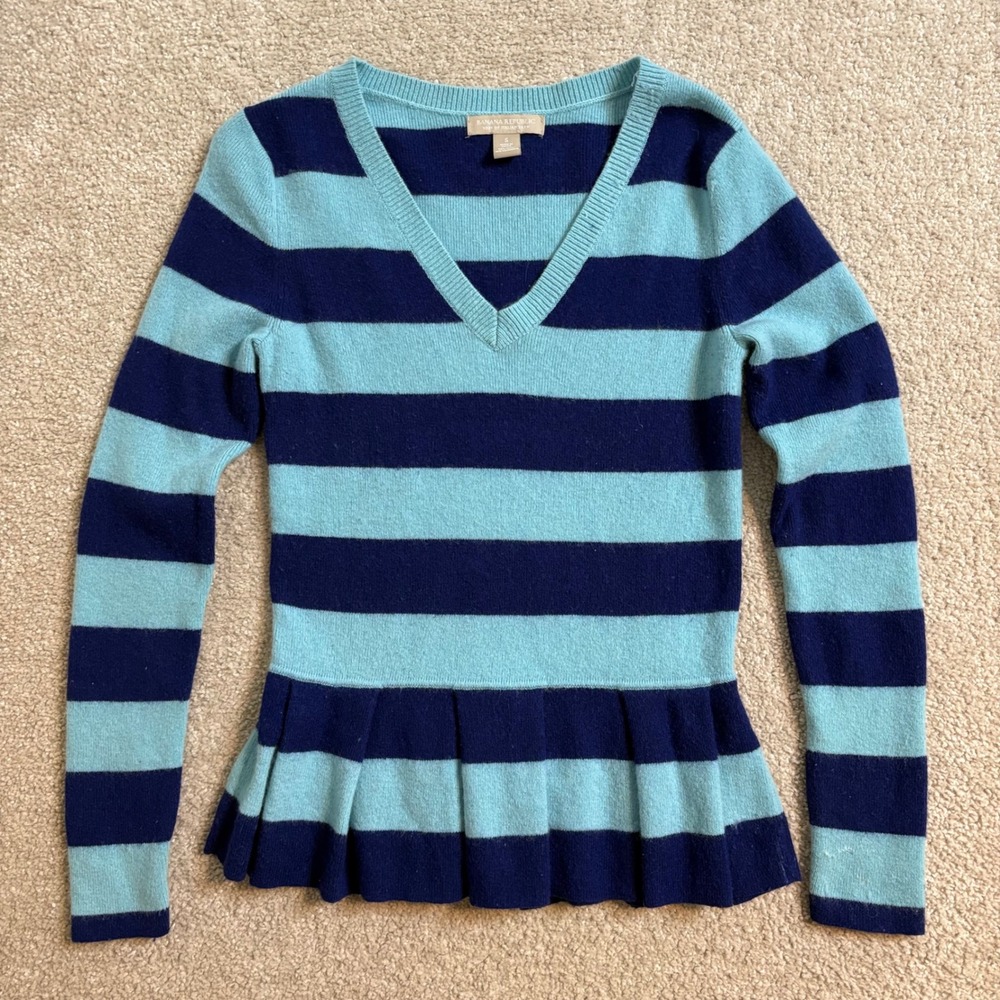 Banana Republic Striped Peplum Sweater V-Neck Wool Cashmere‎ Blend Blue Size S